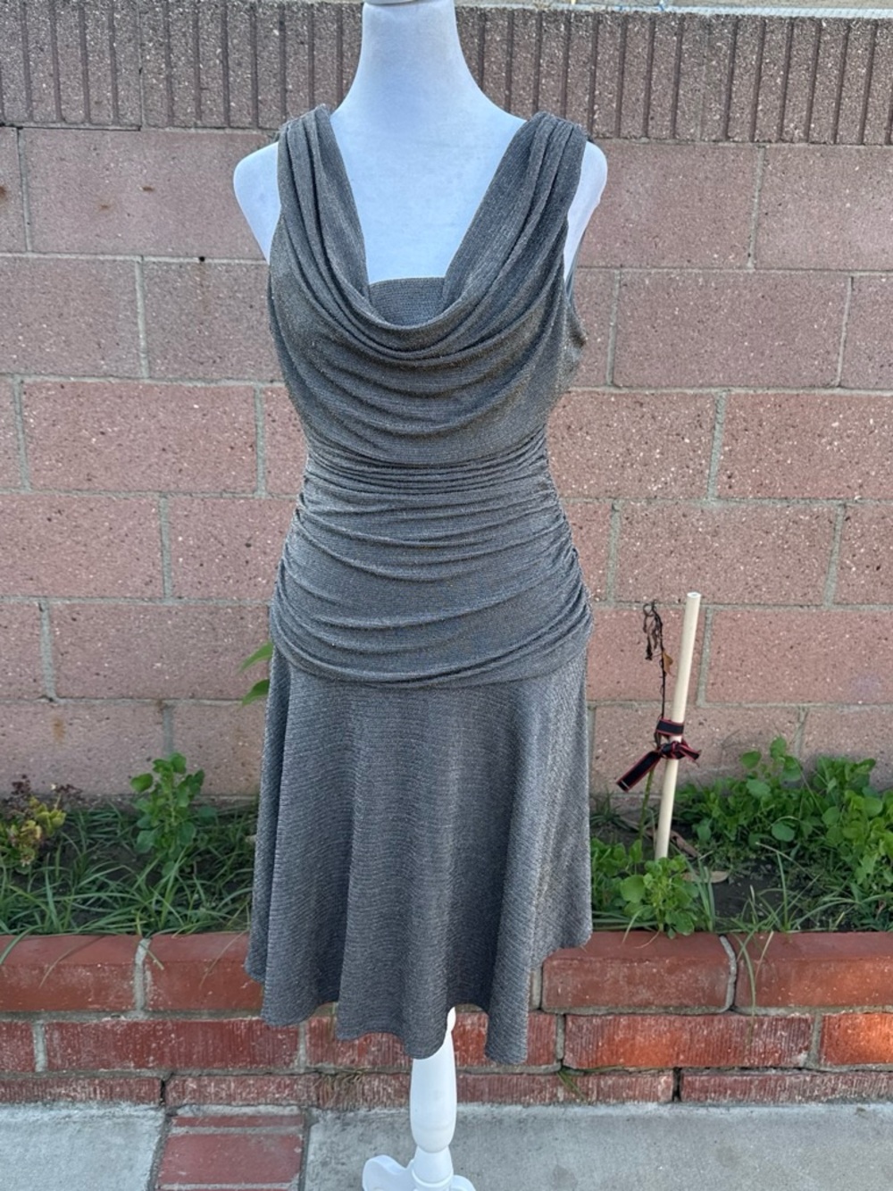 Night Way Collections Draped Cowl Neck Gray Midi Dress